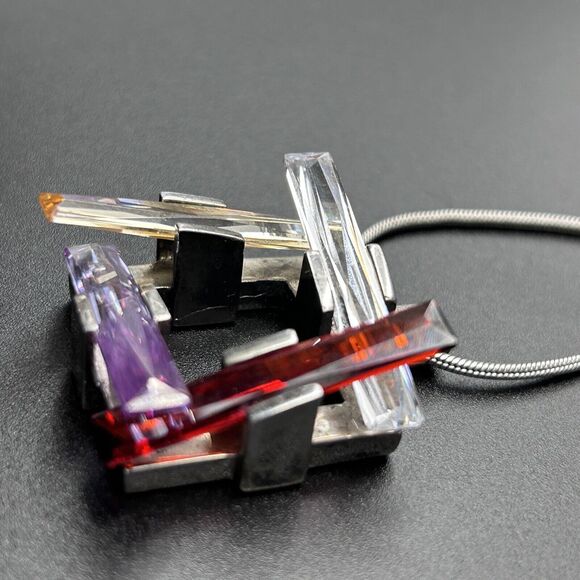 Estate 925 Sterling Multicolor Geometric Bars Cubic Zirconia Pendant Necklace - Picture 3 of 11